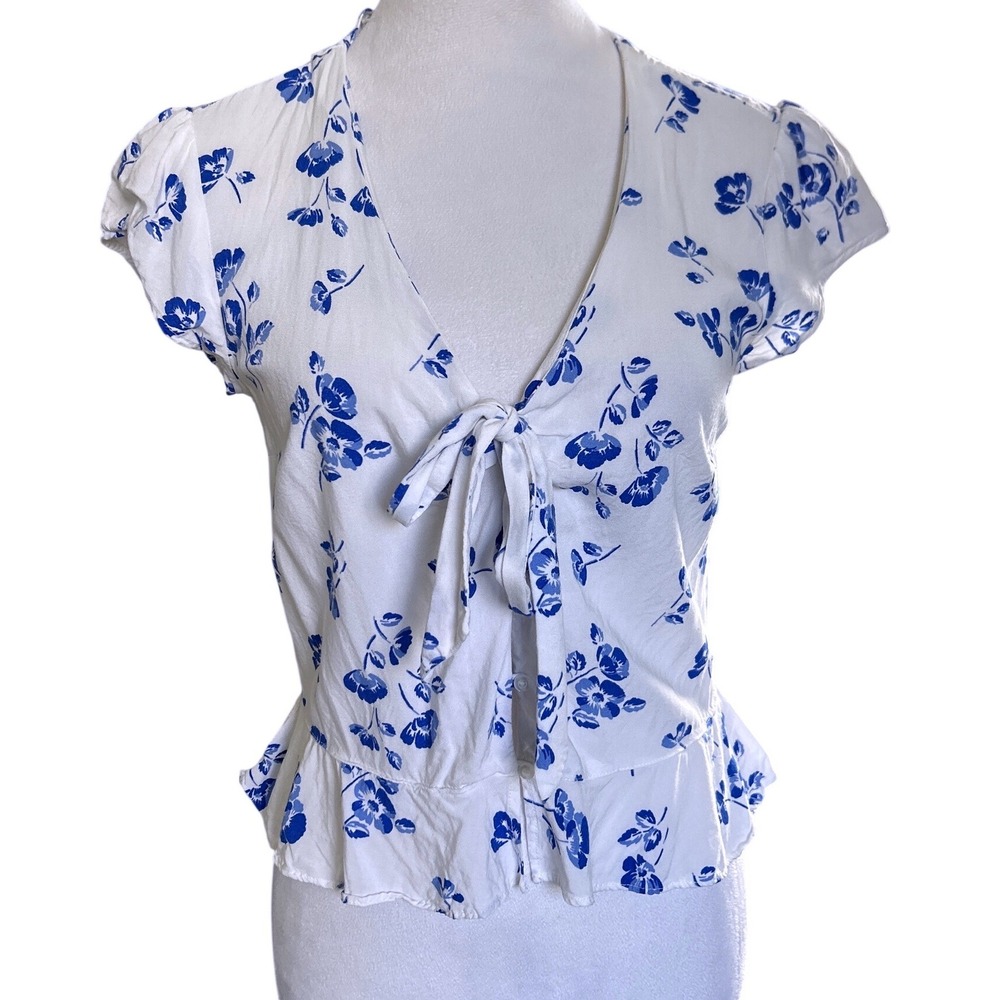 Abercrombie & Fitch Tie Front Top Women Medium White Blue Floral Puff Sleeve